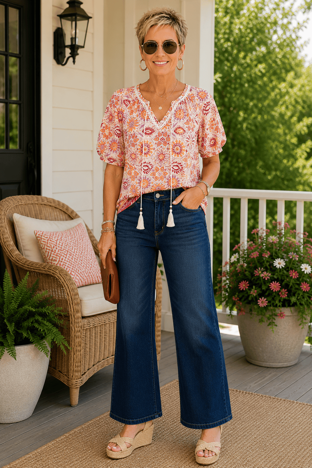 tie front print top and jeans outfit
