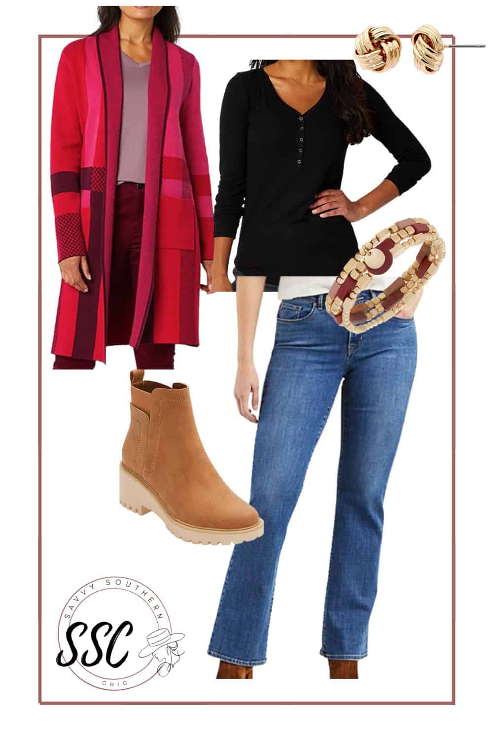 fall cardigan outfit for inverted triangle body shape
