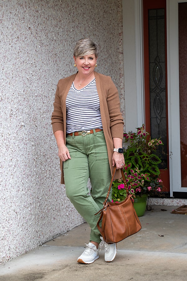 brown cardigan with green cargo pants