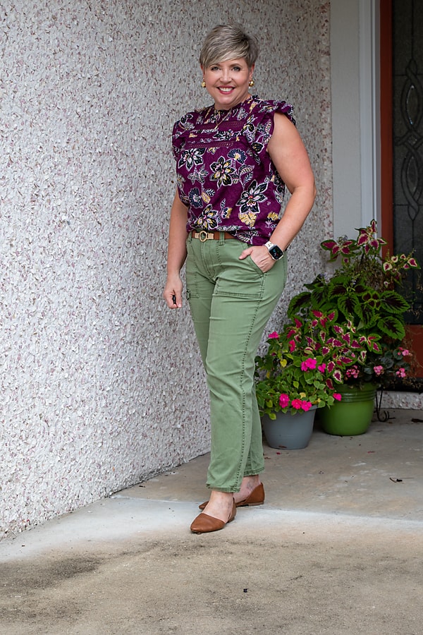 floral top and cargo pants