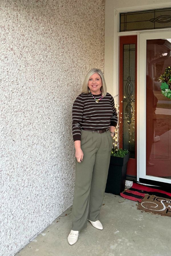 brown sweater and olive pants outfit