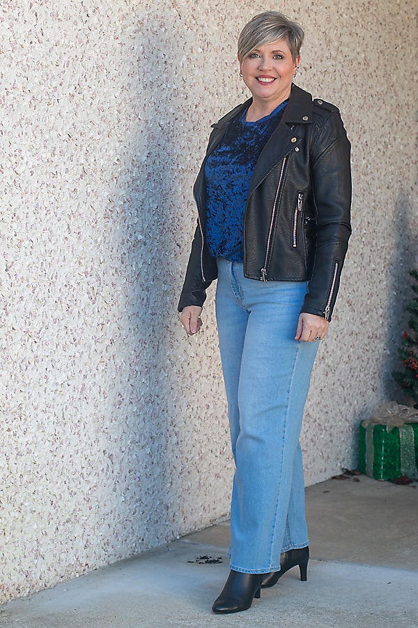 wide leg jeans and moto jacket
