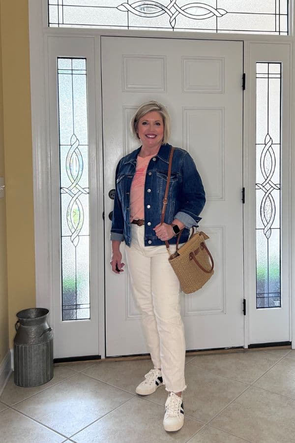 denim jacket graphic tee spring outfit