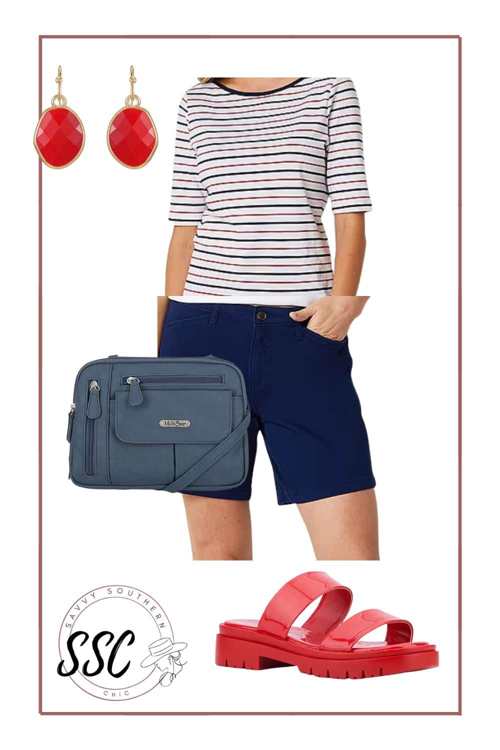 shorts outfit with striped elbow sleeve tee