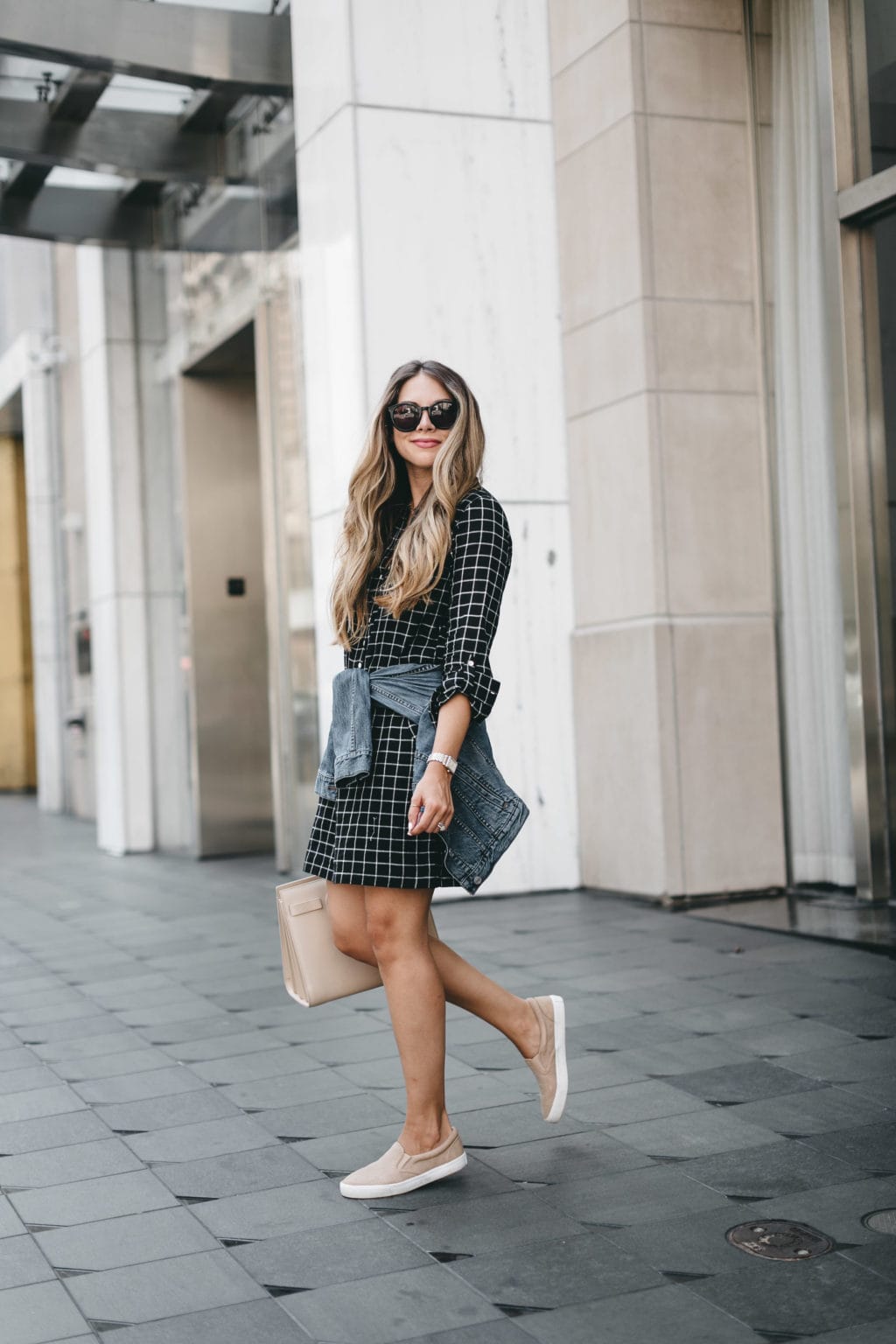 shirt dress with slip on sneakers