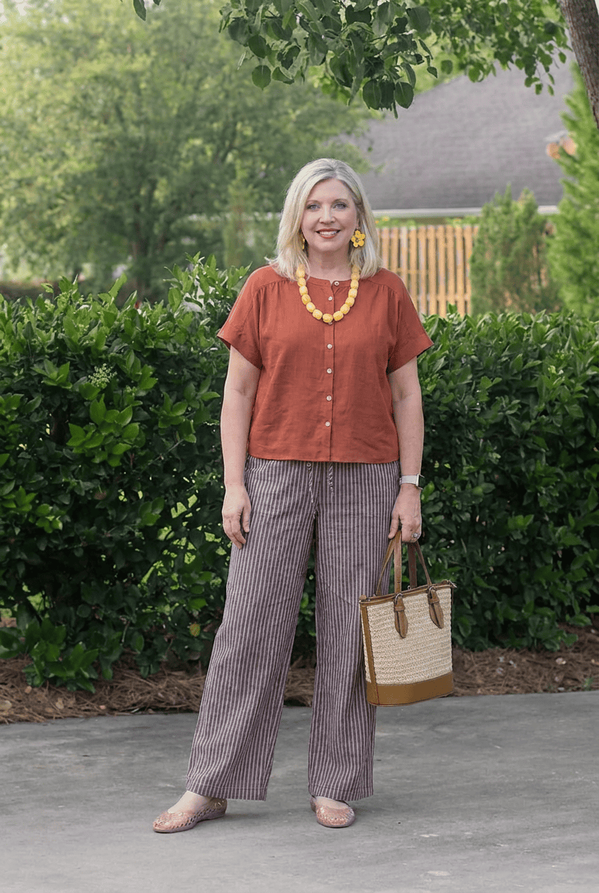 cotton and linen outfit with bright accessories