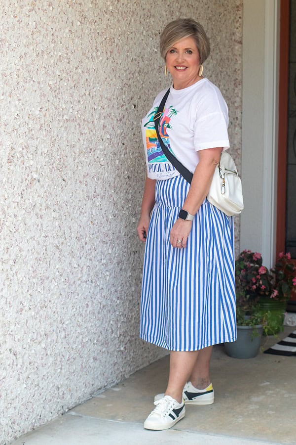 graphic tee and midi skirt