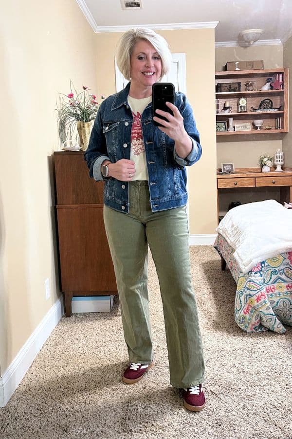 denim jacket and wide leg jeans
