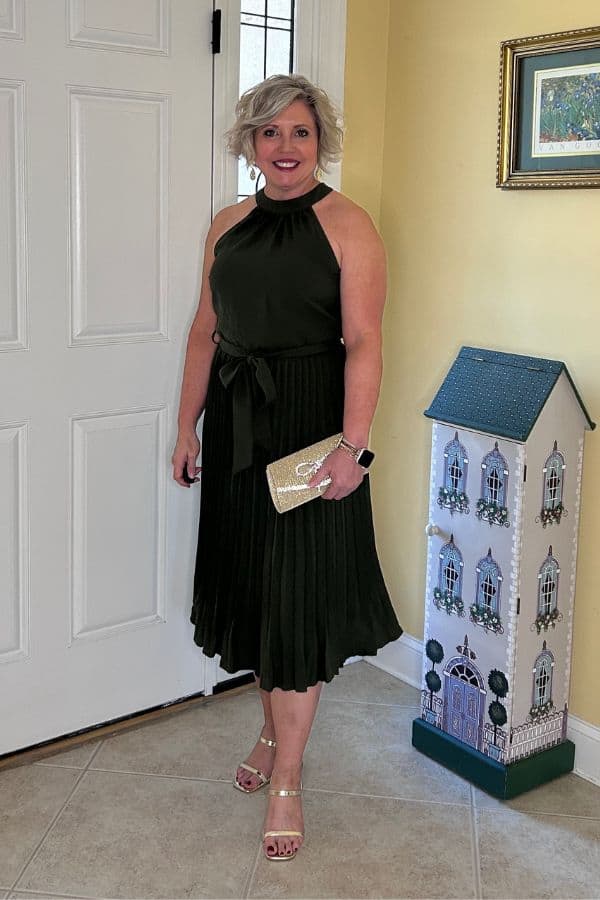 pleated halter neck midi holiday dress