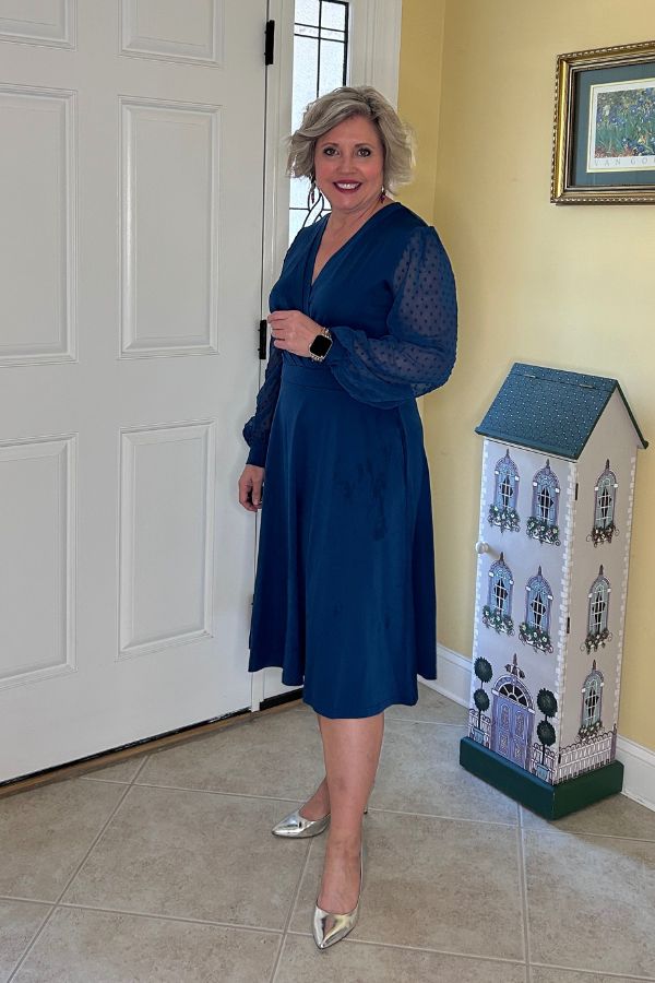 blue sheer sleeve dress