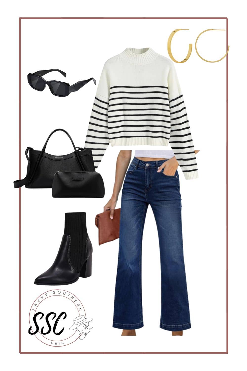 striped mock neck sweater outfit