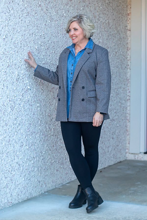 denim shirt and plaid blazer outfit