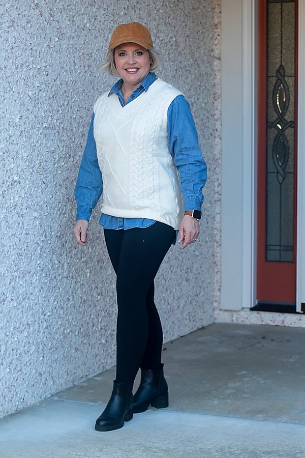sweater vest and leggings outfit