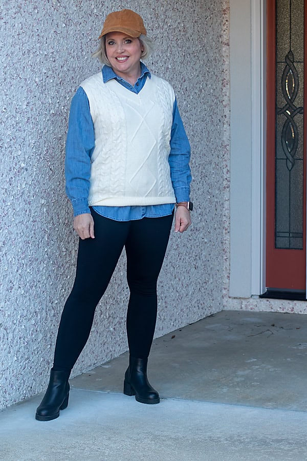 sweater vest and denim shirt outfit
