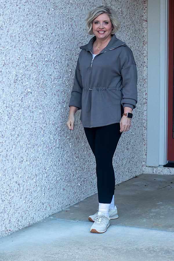 black leggings outfit with grey tunic sweatshirt