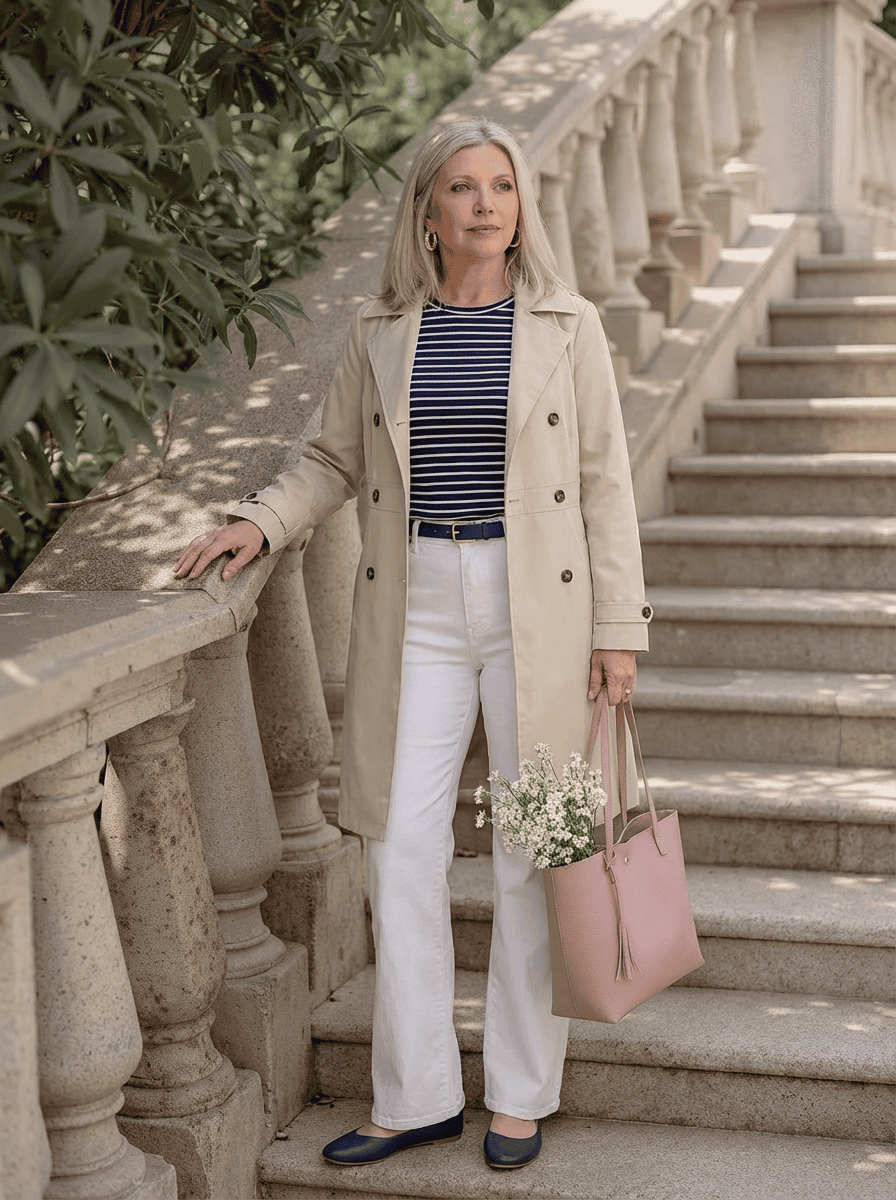 white jeans and trench coat outfit for spring