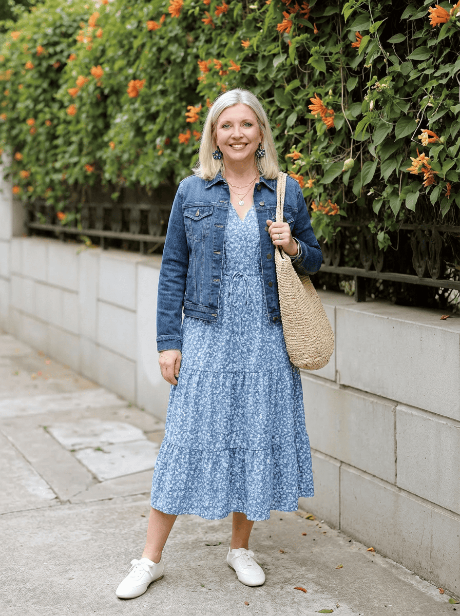 spring dress and denim jacket outfit
