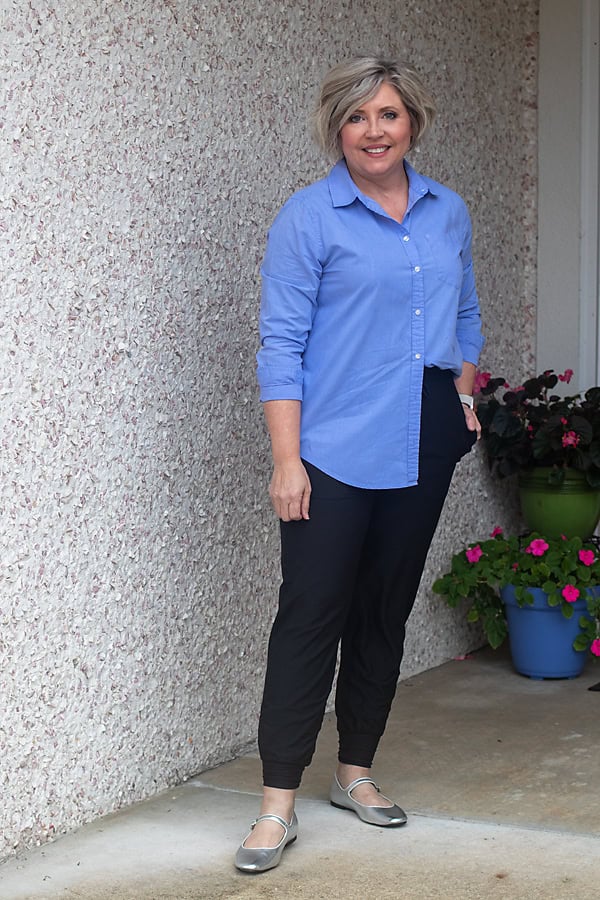 blue button up joggers outfit