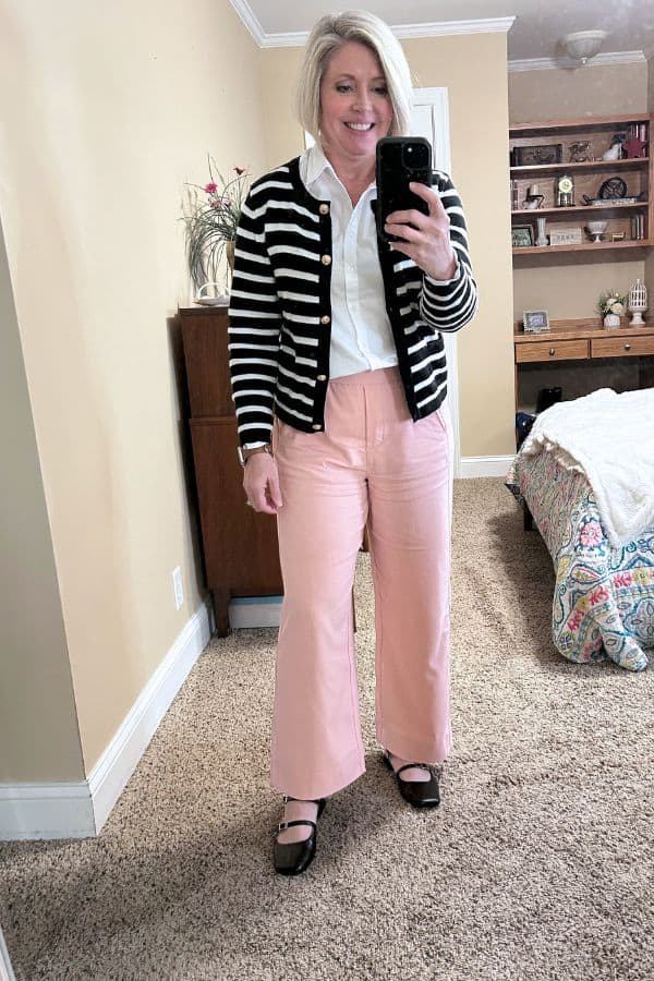 blush pink pants outfit