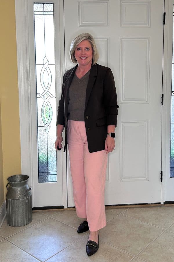 pink and chocolate brown work outfit