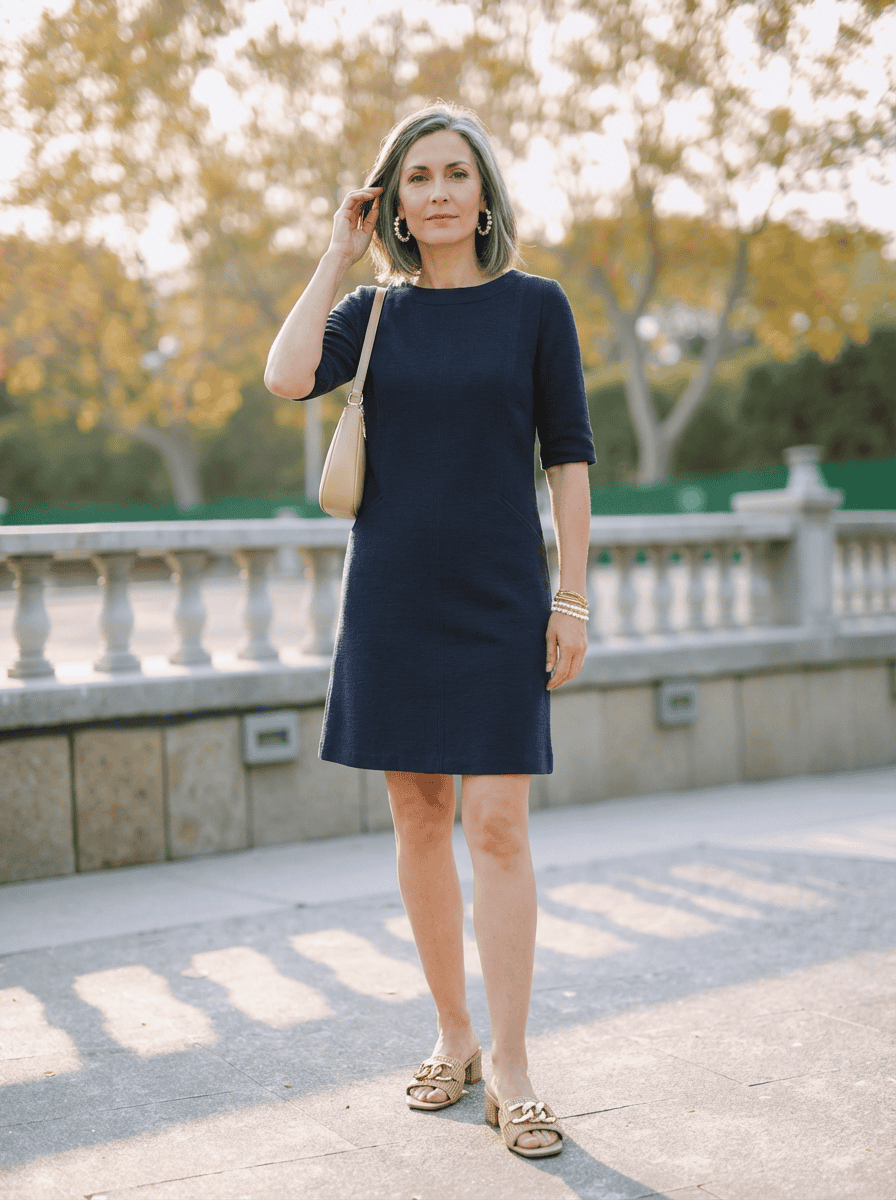 navy shift dress spring outfit