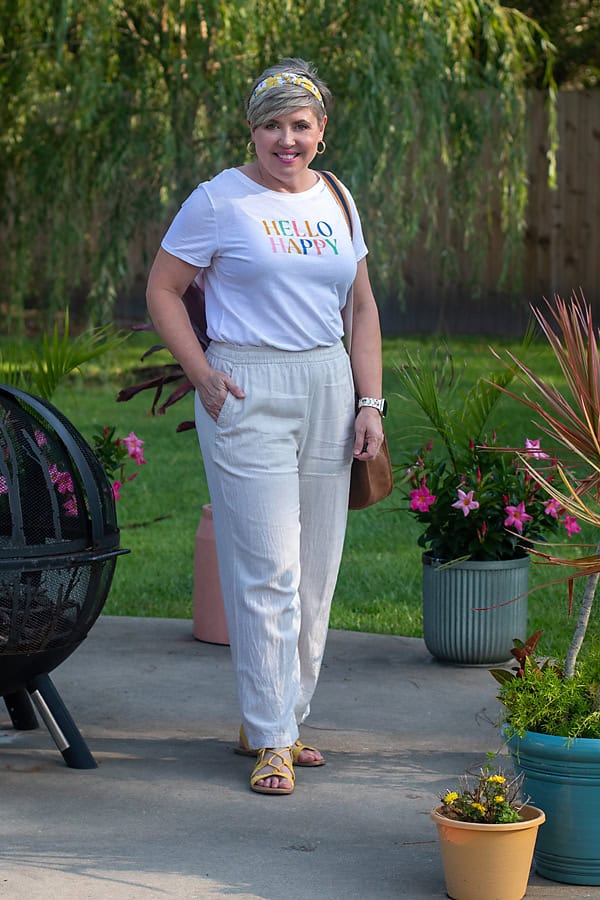graphic tee and linen pants outfit