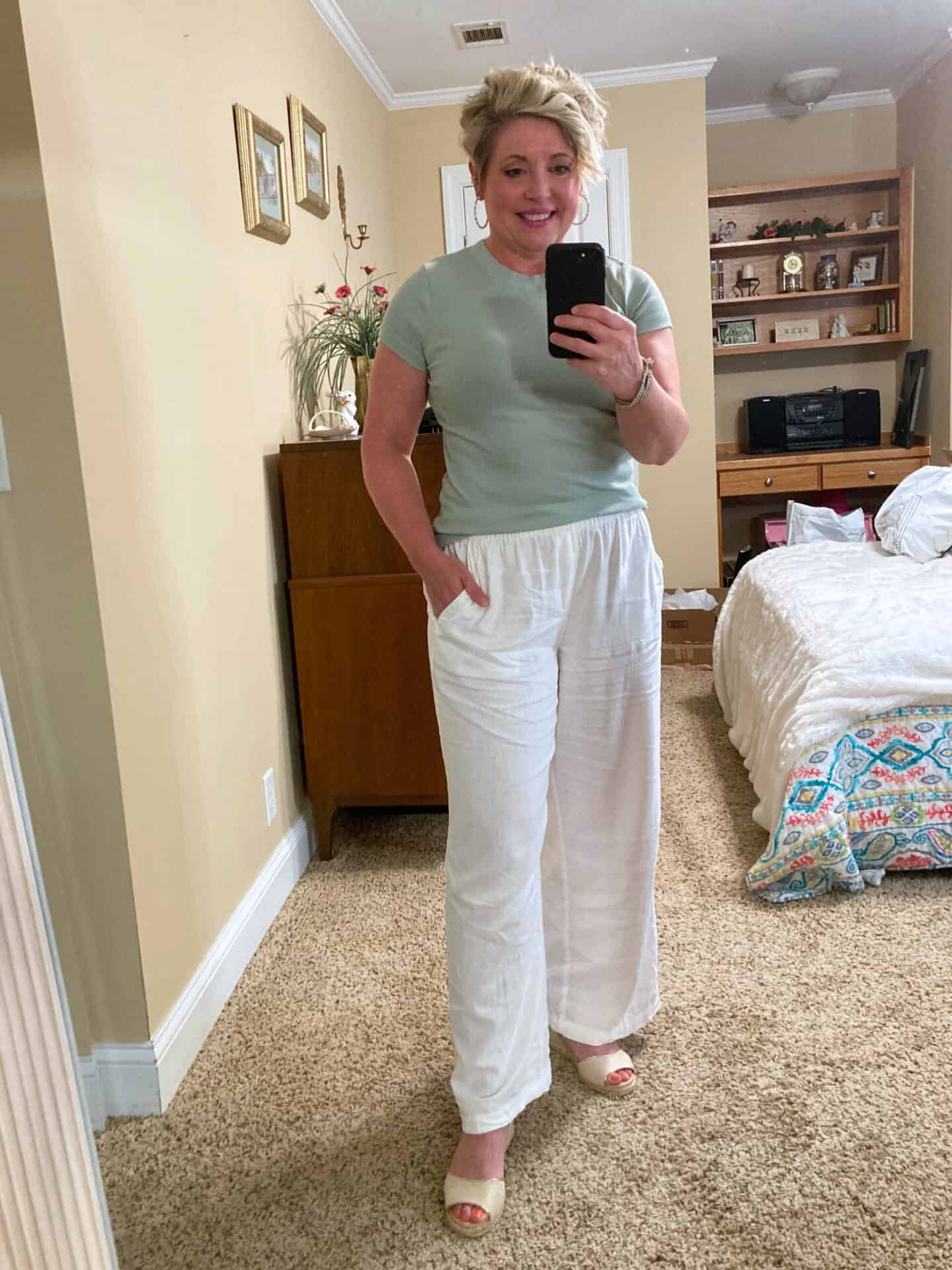knit tee and linen pants outfit