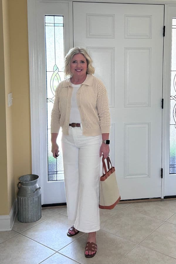 crochet cardigan and white jeans outfit