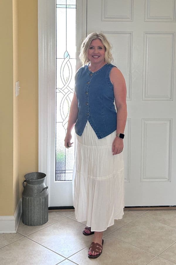 denim vest and white maxi skirt outfit