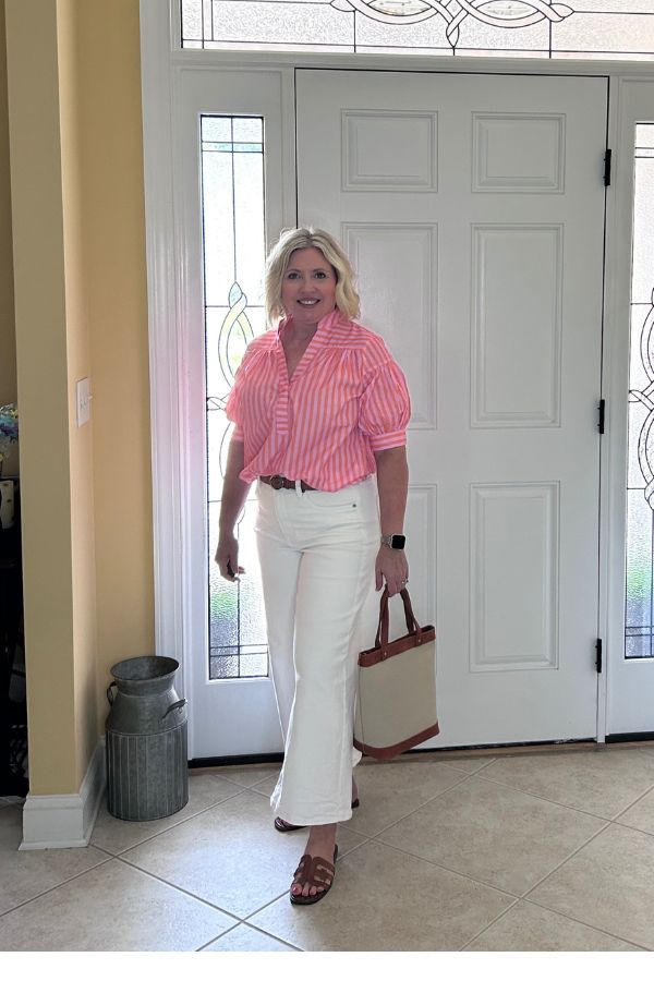 striped top and white jeans