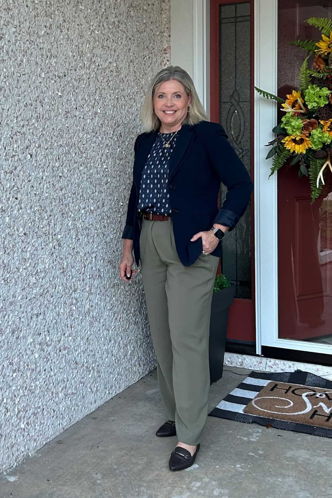 navy and olive fall work outfit