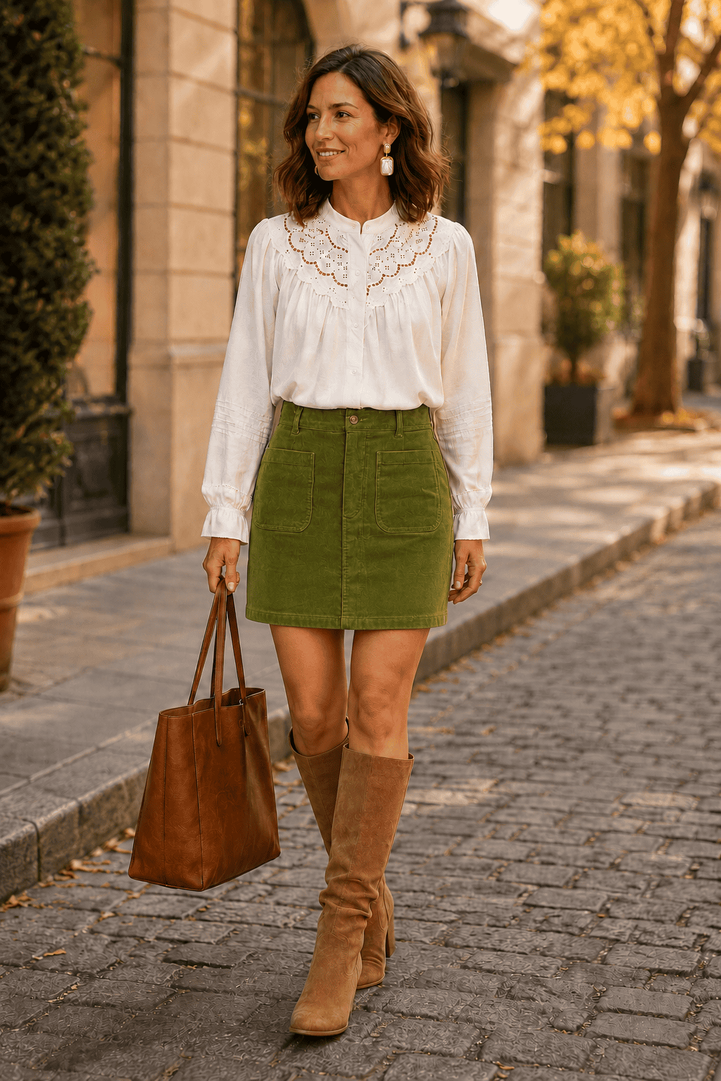 white lace top outfit with corduroy skirt and boots