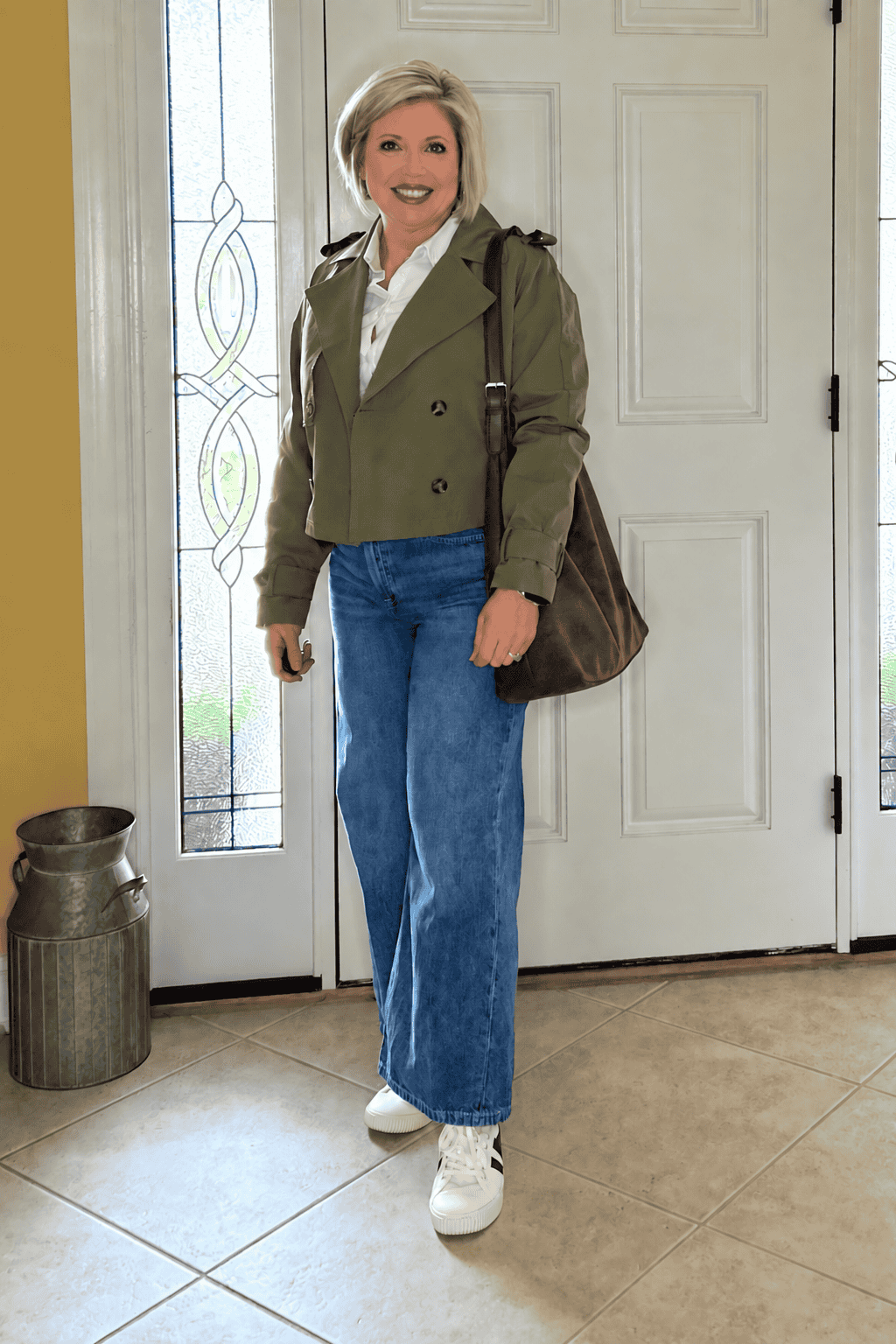 cropped trench with button up and jeans fall formula