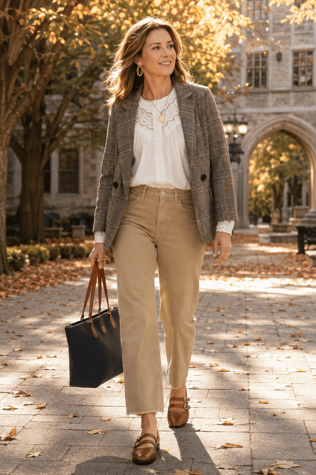 white lace top with blazer and khaki jeans