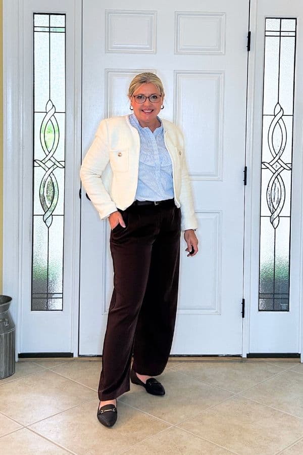 brown trousers office outfit