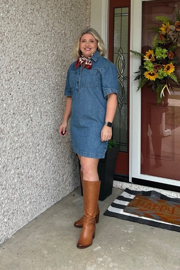 denim dress with tall boots