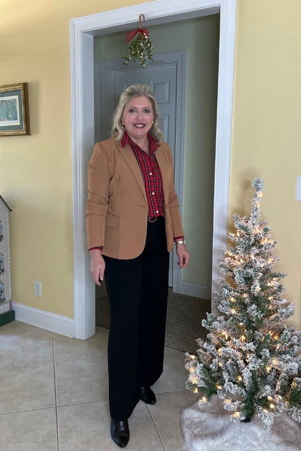 tan blazer and red plaid top work holiday party oufit