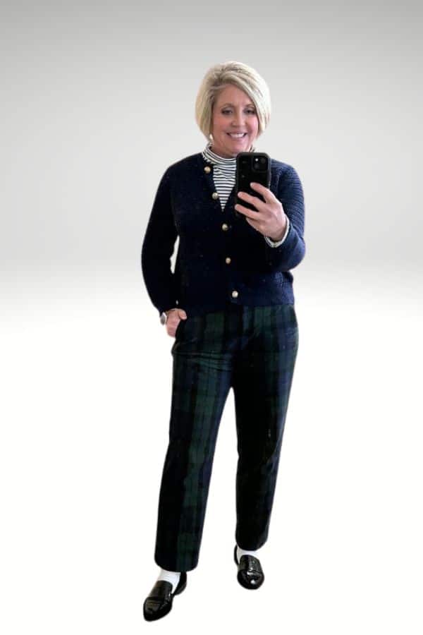 layered look with turtleneck and blue cardigan