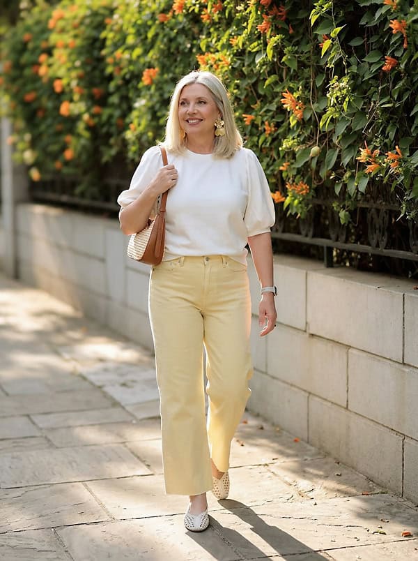 spring outfit with yellow pants and woven flats