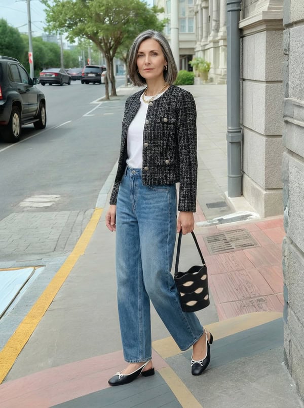 tweed jacket and jeans with two tone shoes outfit