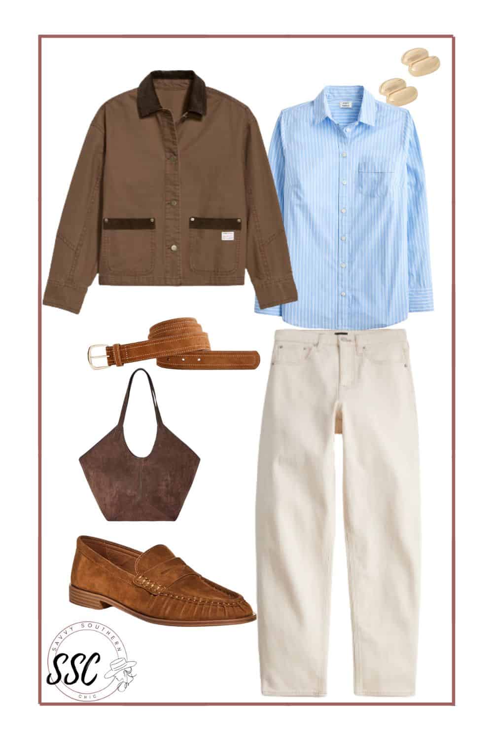 neutral spring outfit with barn jacket