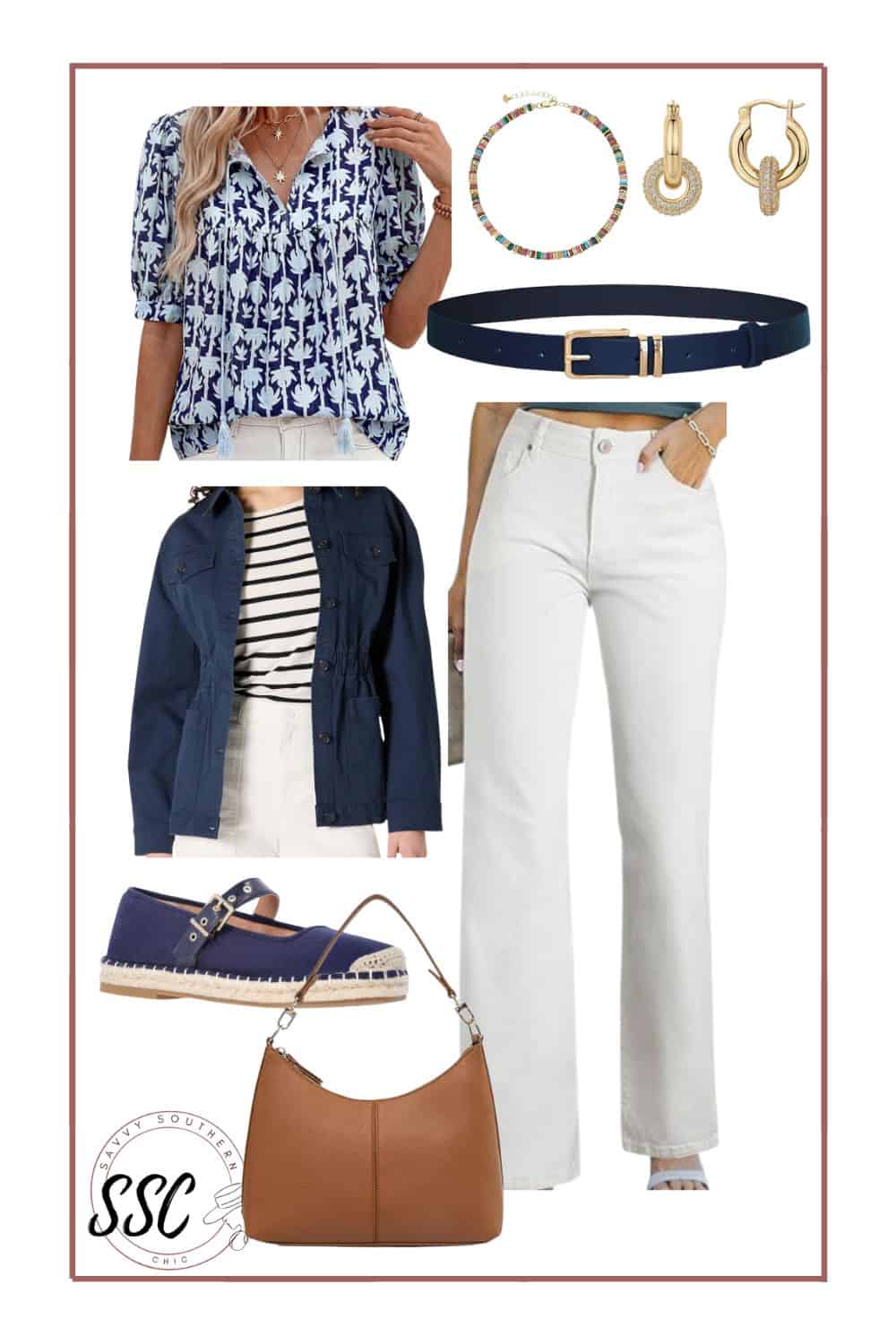 Patterned top and navy utility Jacket outfit for spring