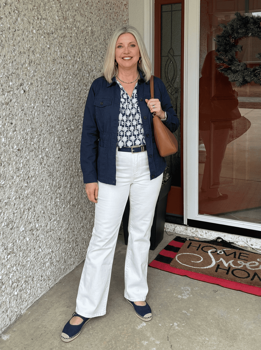 spring outfit with navy utility jacket