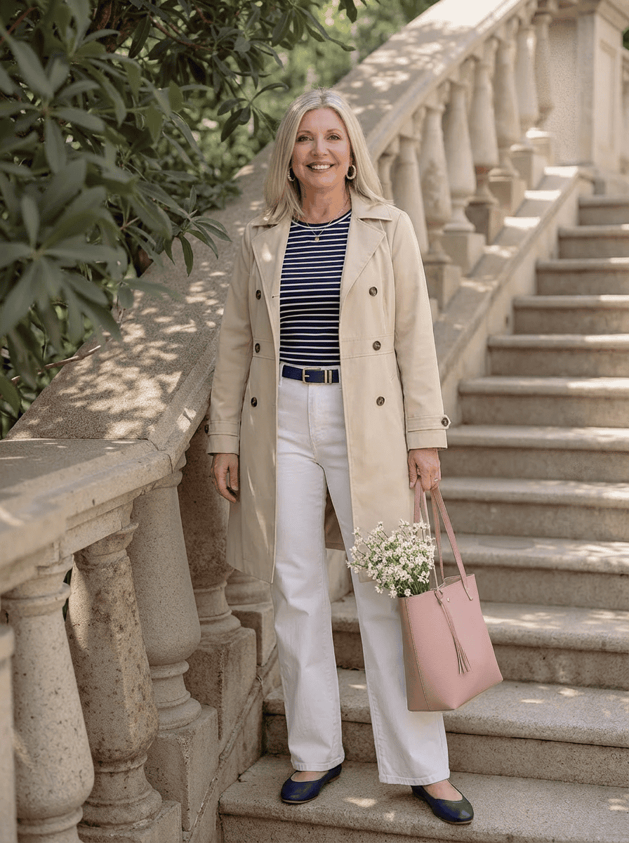 navy striped top and white jeans outfit