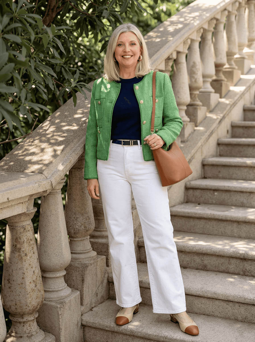 navy and white with green lady jacket