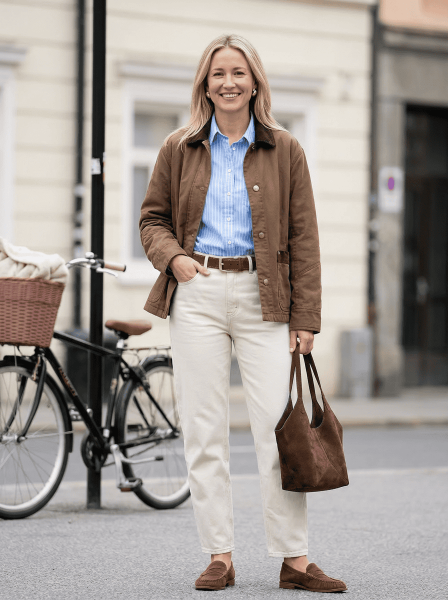 casual spring outfit with barn jacket