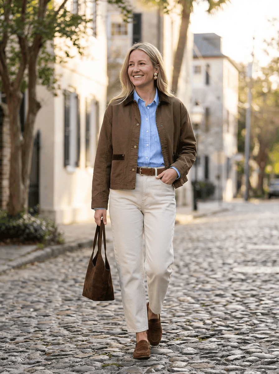 womens spring neutral outfit with short brown barn jacket