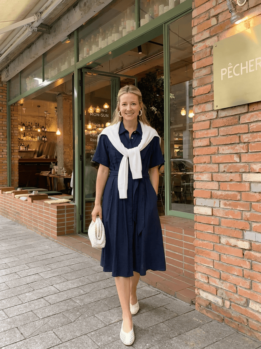 navy dress with white cardigan navy and white spring outfit