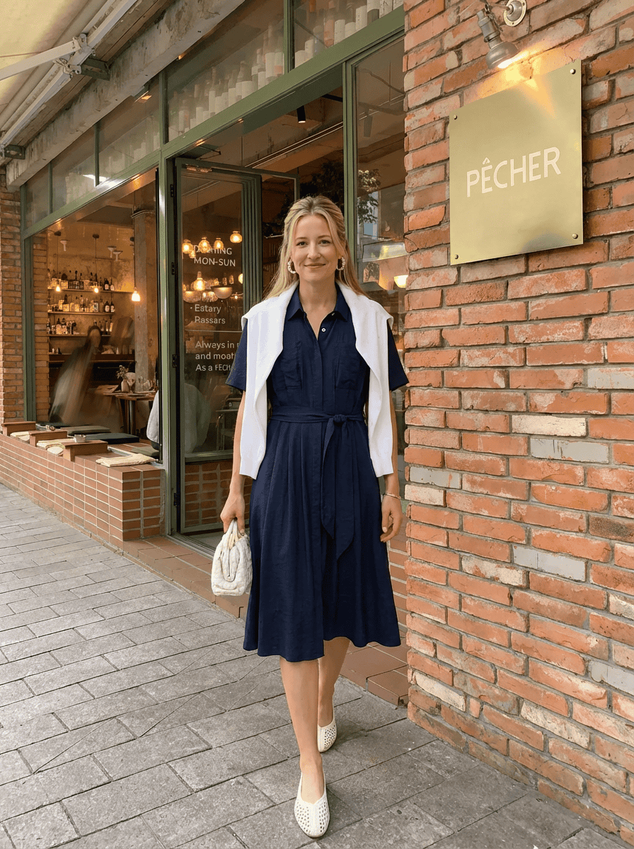 navy dress and white cardigan navy and white outfit