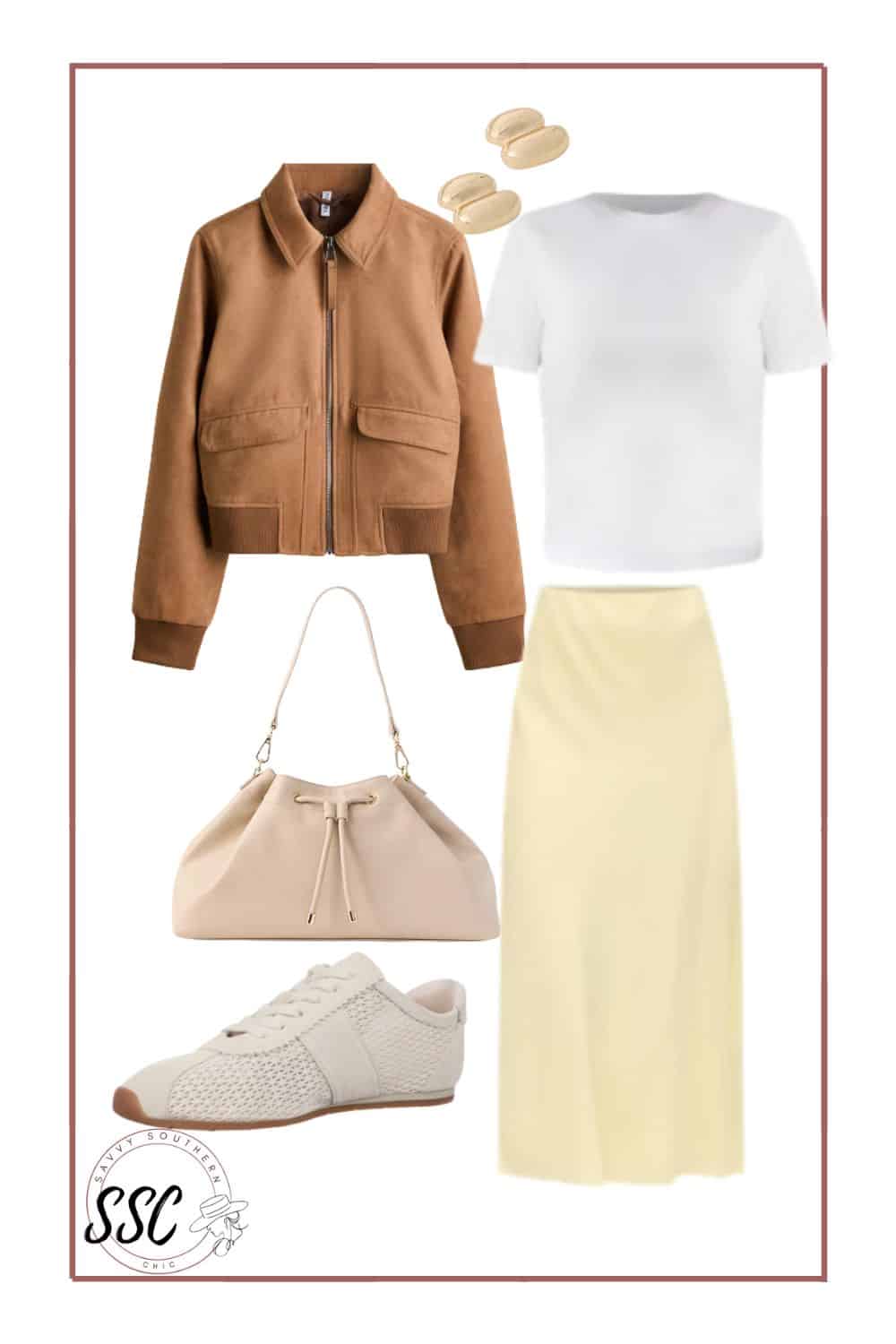 bomber jacket and slip skirt outfit